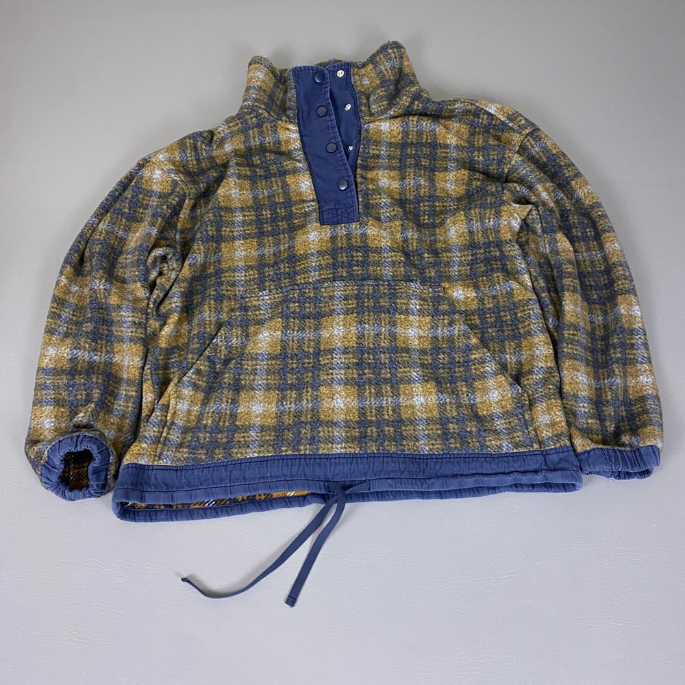 Stoic Snap-T Fleece Pullover Women's Size XL Mustard Blue Plaid Kangaroo Pocket